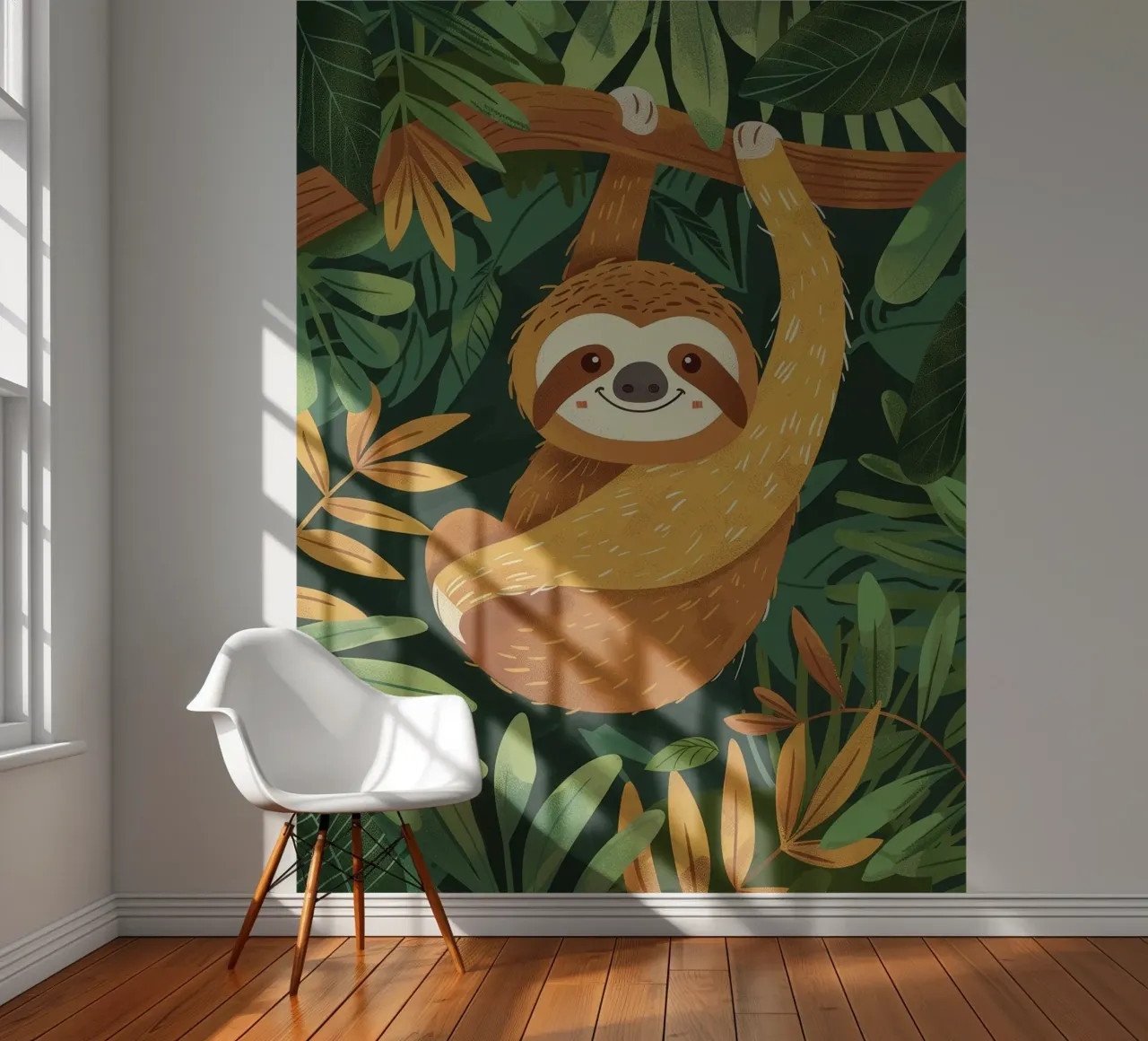 Sloth hanging from a branch in a tropical rainforest photo wallpaper by DesignDoodle