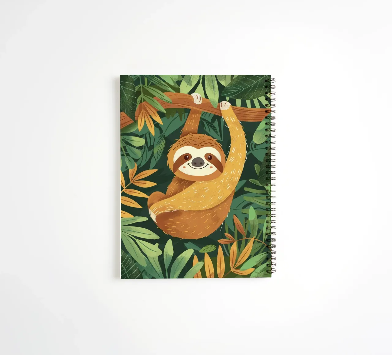 Sloth hanging from a branch in a tropical rainforest spiral notebook by DesignDoodle