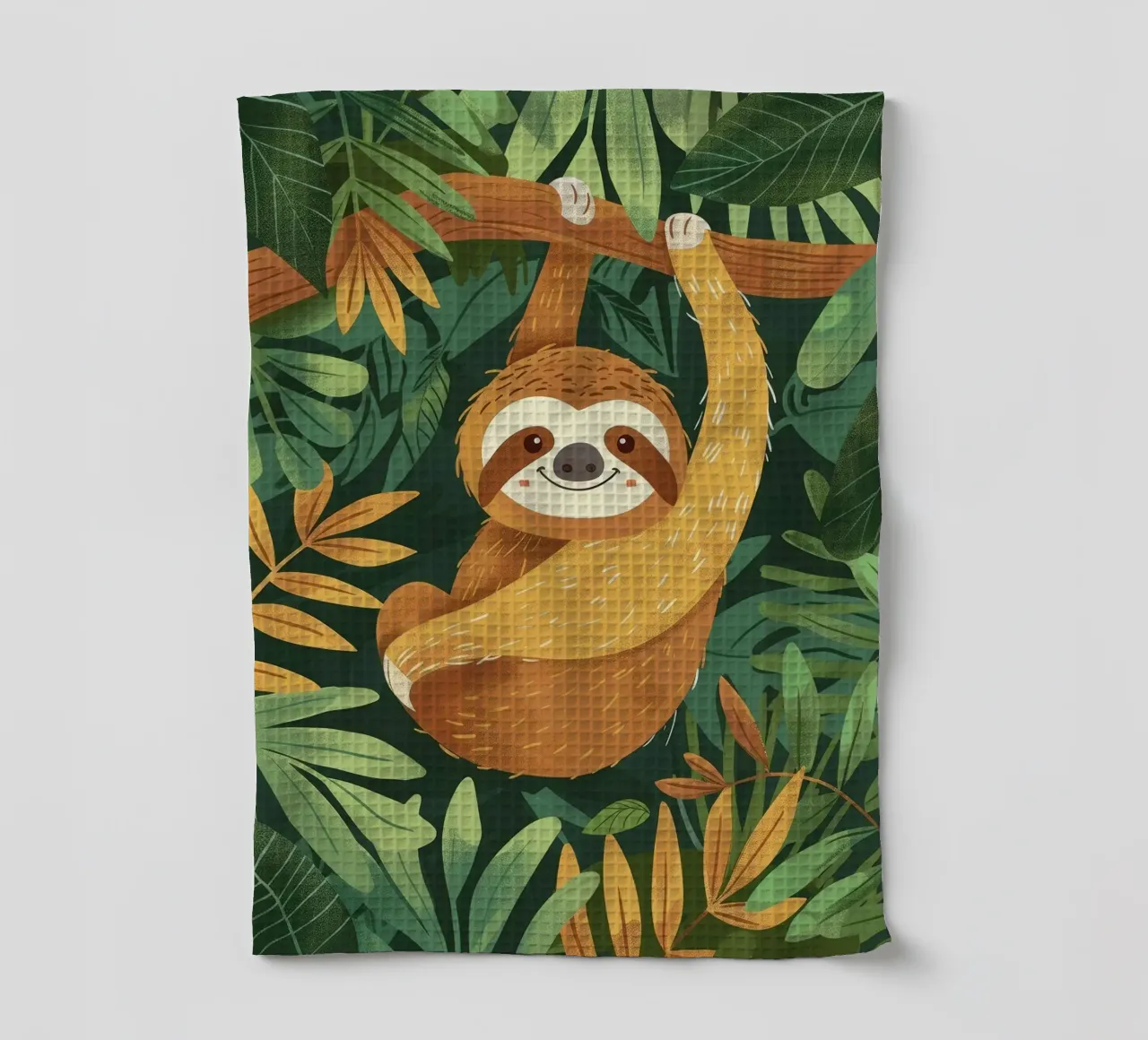 Faultier hängt an einem Ast im tropischen Regenwald Geschirrtuch von DesignDoodle