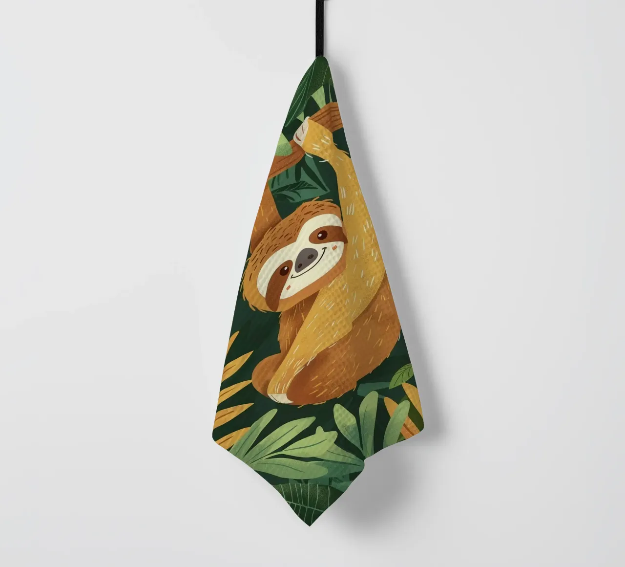 Faultier hängt an einem Ast im tropischen Regenwald Geschirrtuch von DesignDoodle