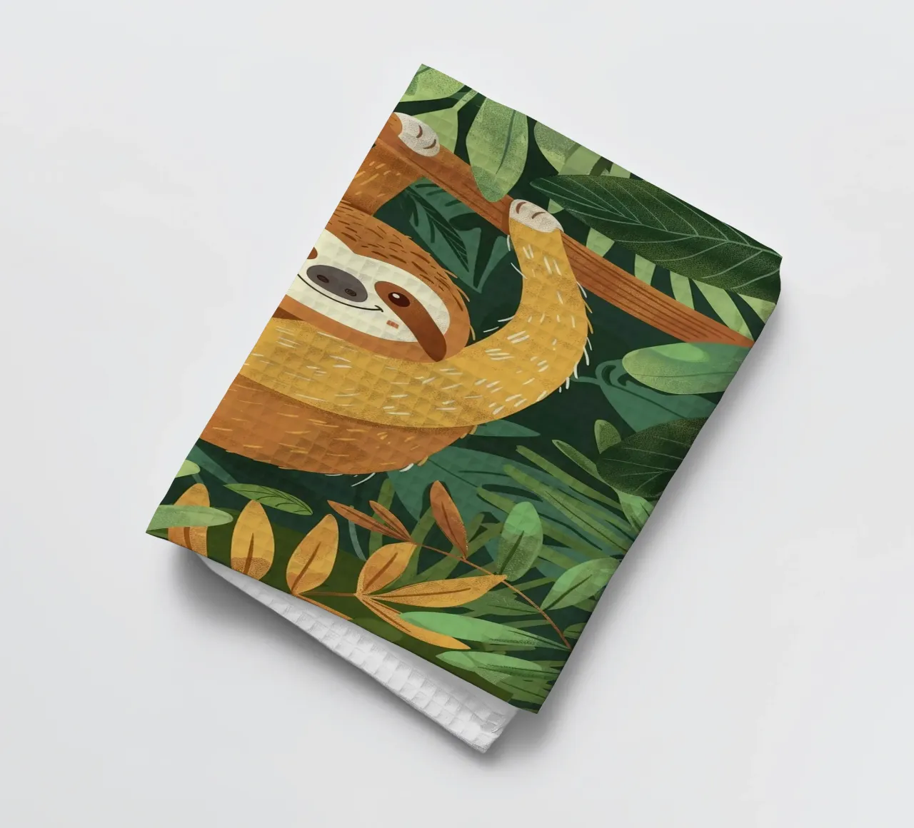 Faultier hängt an einem Ast im tropischen Regenwald Geschirrtuch von DesignDoodle