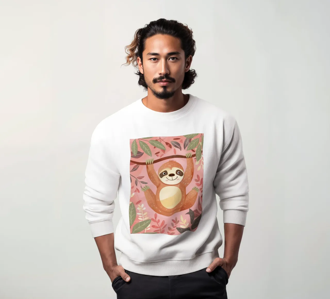 Bradipo appeso a un ramo in un ambiente tropicale con colore felpa da DesignDoodle