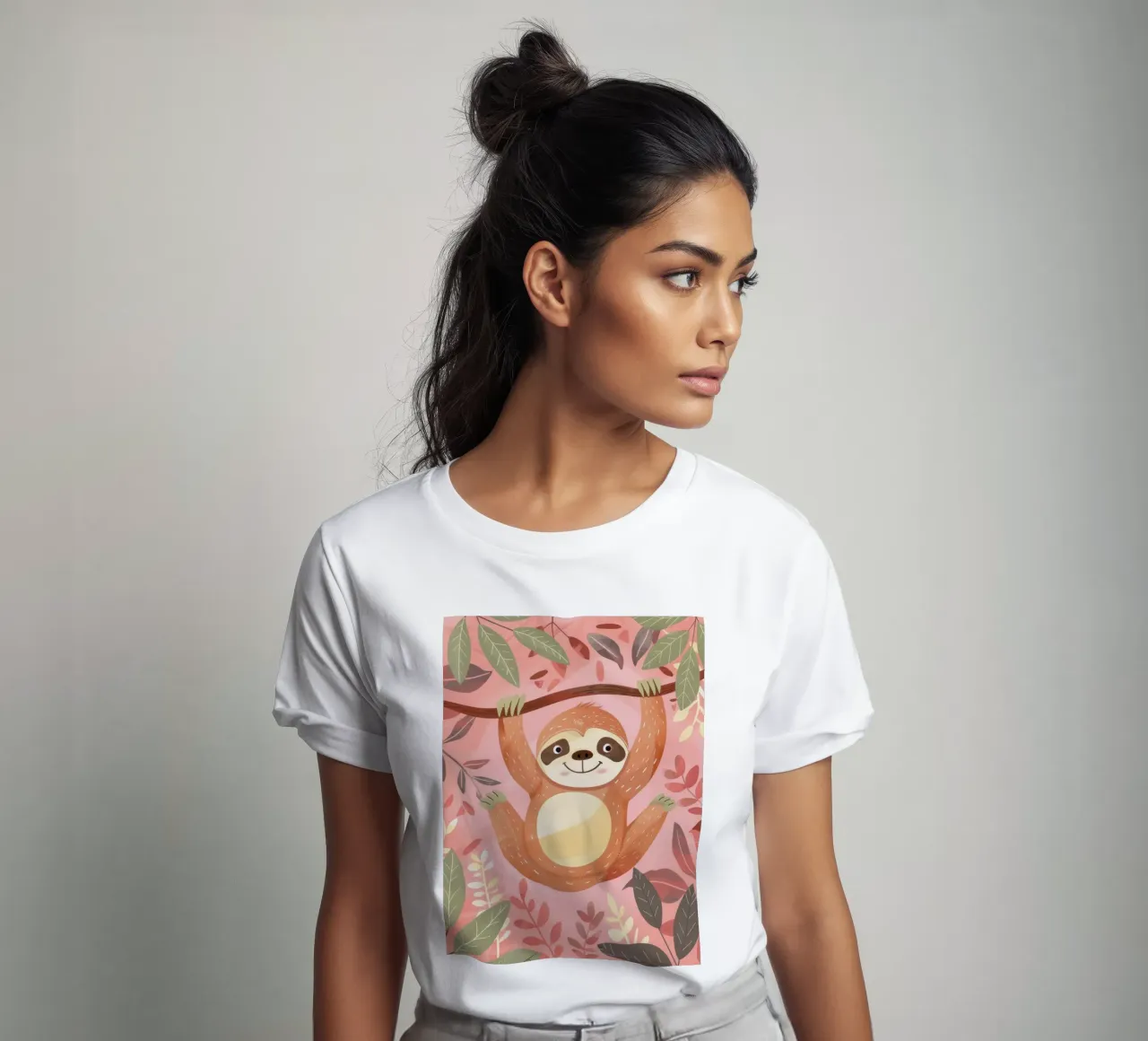 Bradipo appeso a un ramo in un ambiente tropicale con colore t-shirt da DesignDoodle