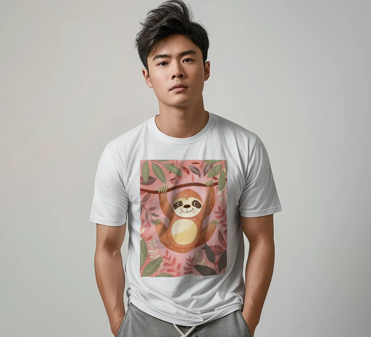 Bradipo appeso a un ramo in un ambiente tropicale con colore t-shirt da DesignDoodle