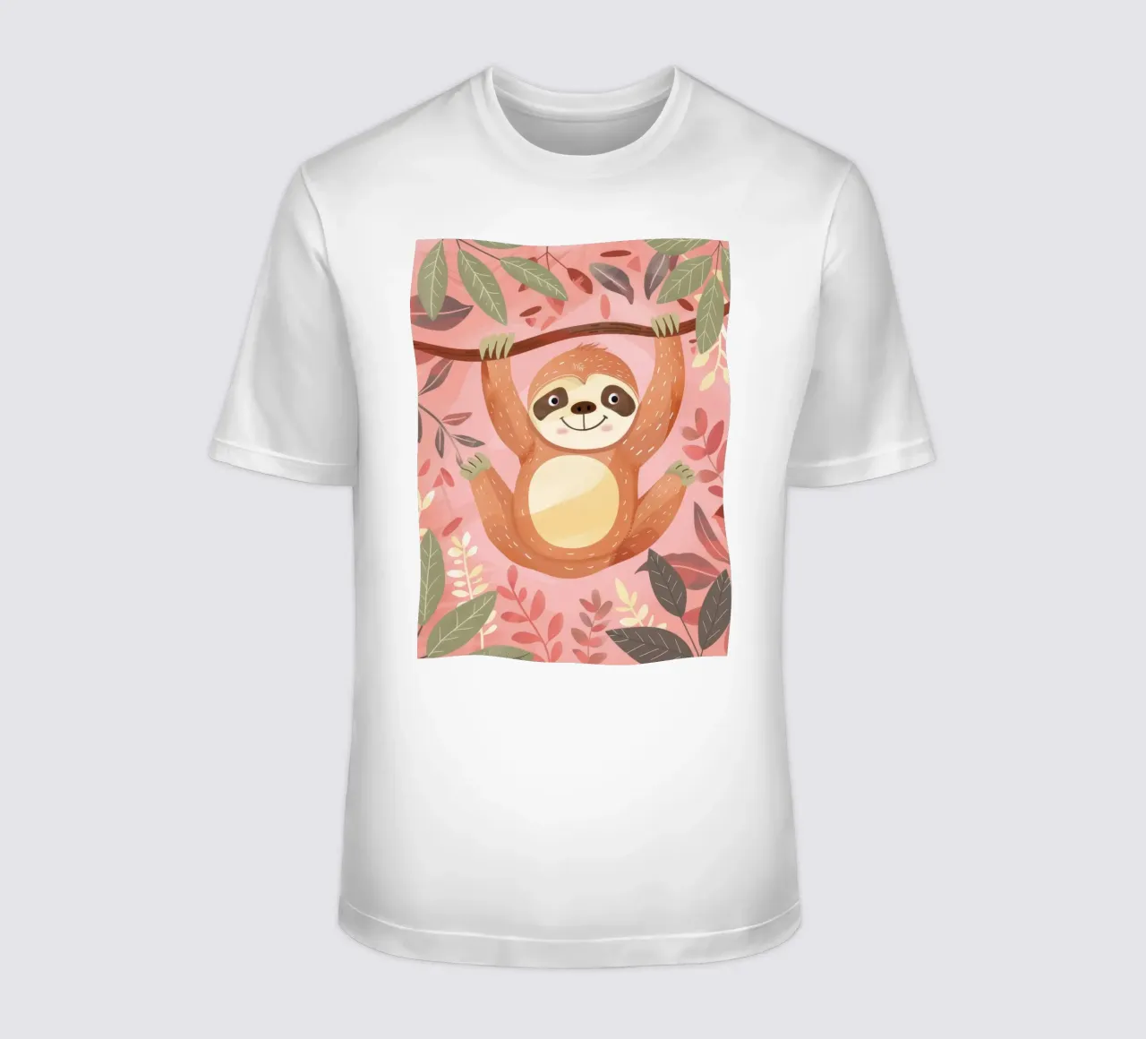 Bradipo appeso a un ramo in un ambiente tropicale con colore t-shirt da DesignDoodle