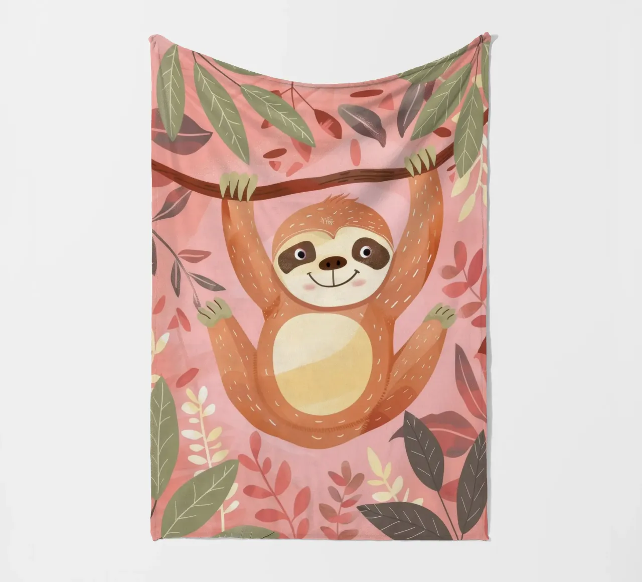 Sloth hanging from a branch in a tropical setting with color fleece blanket by DesignDoodle