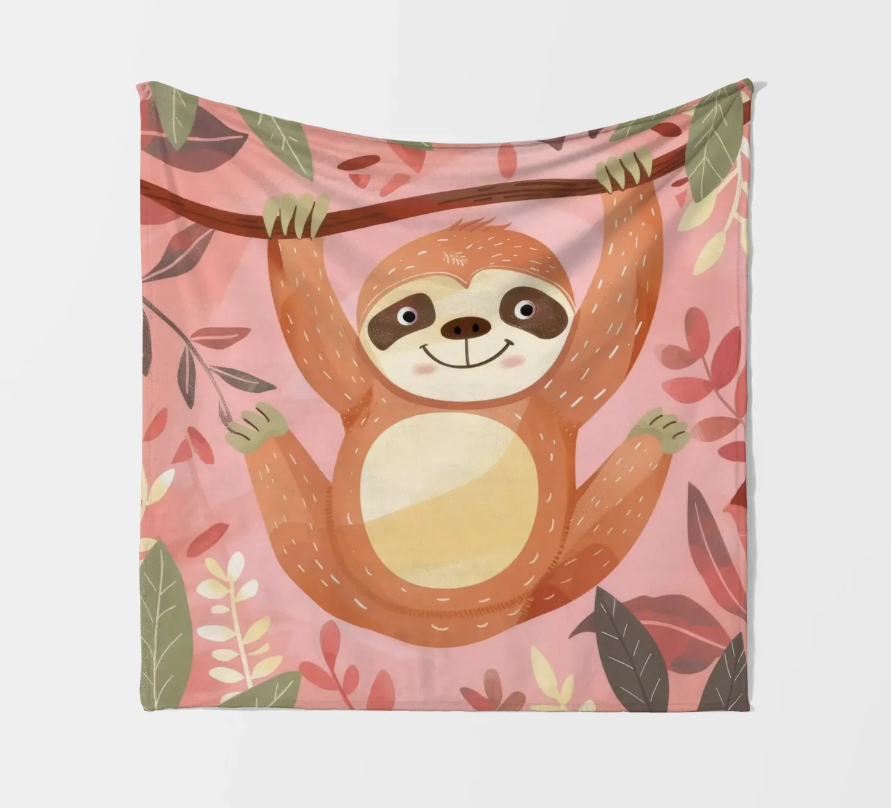 Sloth hanging from a branch in a tropical setting with color fleece blanket by DesignDoodle