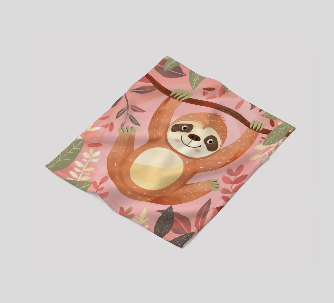 Sloth hanging from a branch in a tropical setting with color fleece blanket by DesignDoodle