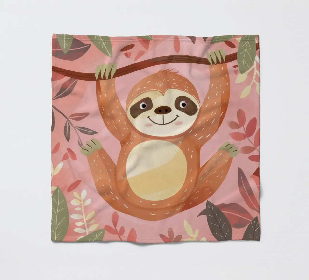 Sloth hanging from a branch in a tropical setting with color fleece blanket by DesignDoodle
