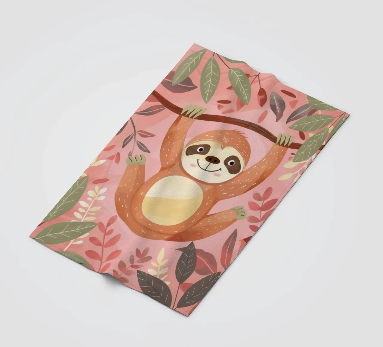 Sloth hanging from a branch in a tropical setting with color fleece blanket by DesignDoodle