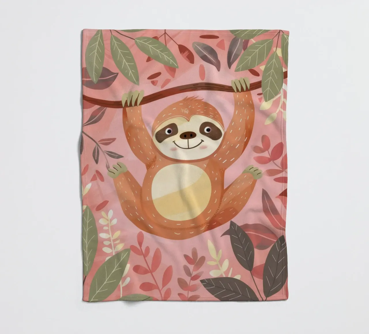 Sloth hanging from a branch in a tropical setting with color fleece blanket by DesignDoodle