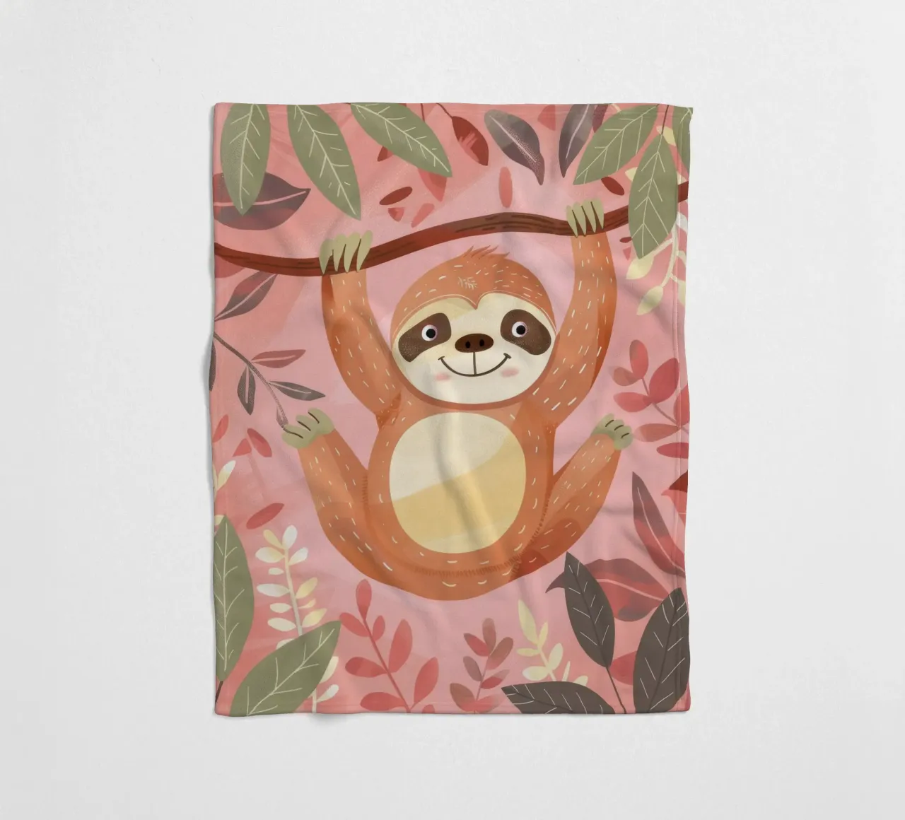 Sloth hanging from a branch in a tropical setting with color fleece blanket by DesignDoodle