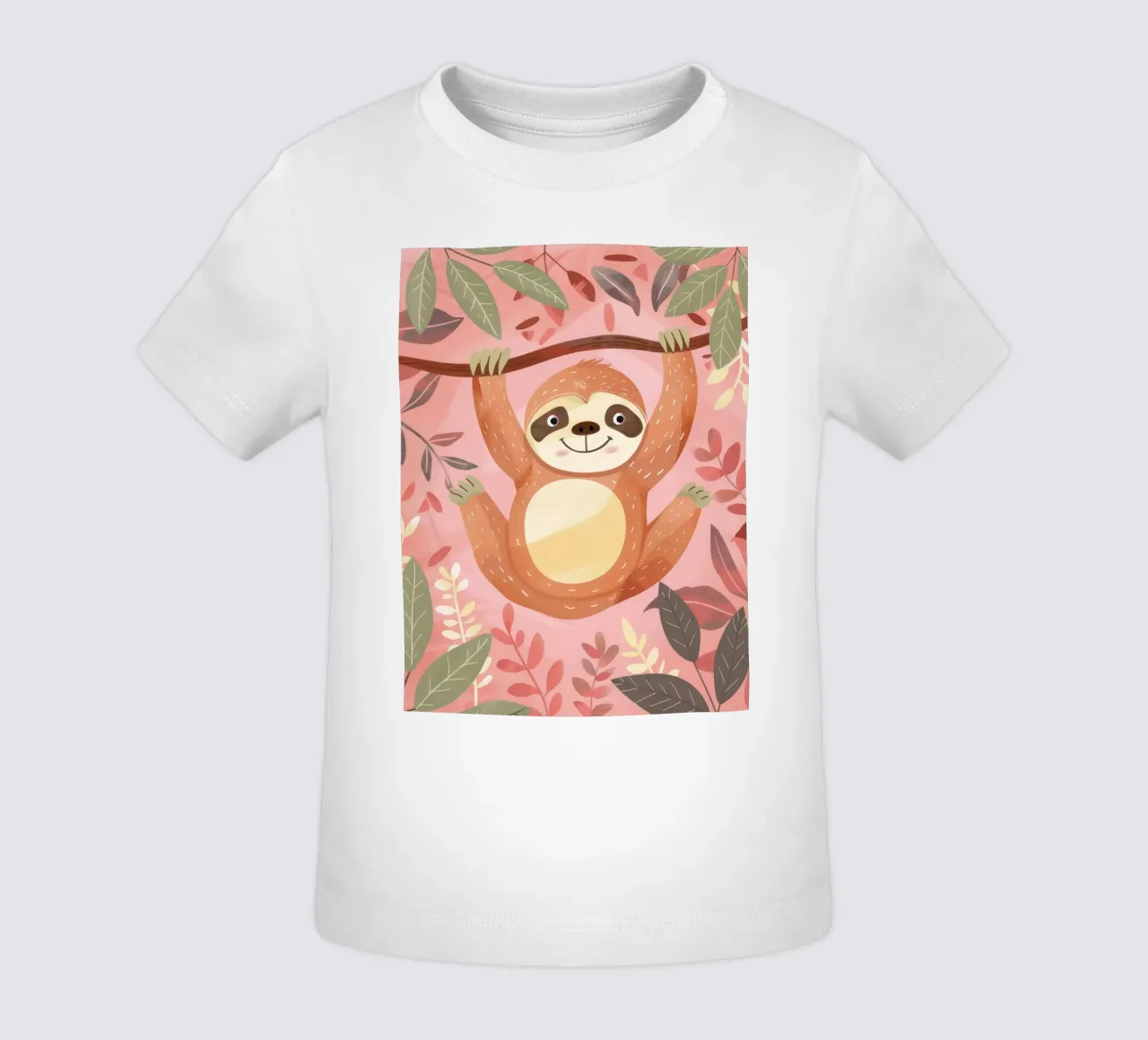 Bradipo appeso a un ramo in un ambiente tropicale con colore maglietta neonato da DesignDoodle