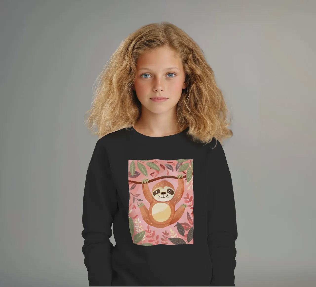 Bradipo appeso a un ramo in un ambiente tropicale con colore felpa bambino da DesignDoodle