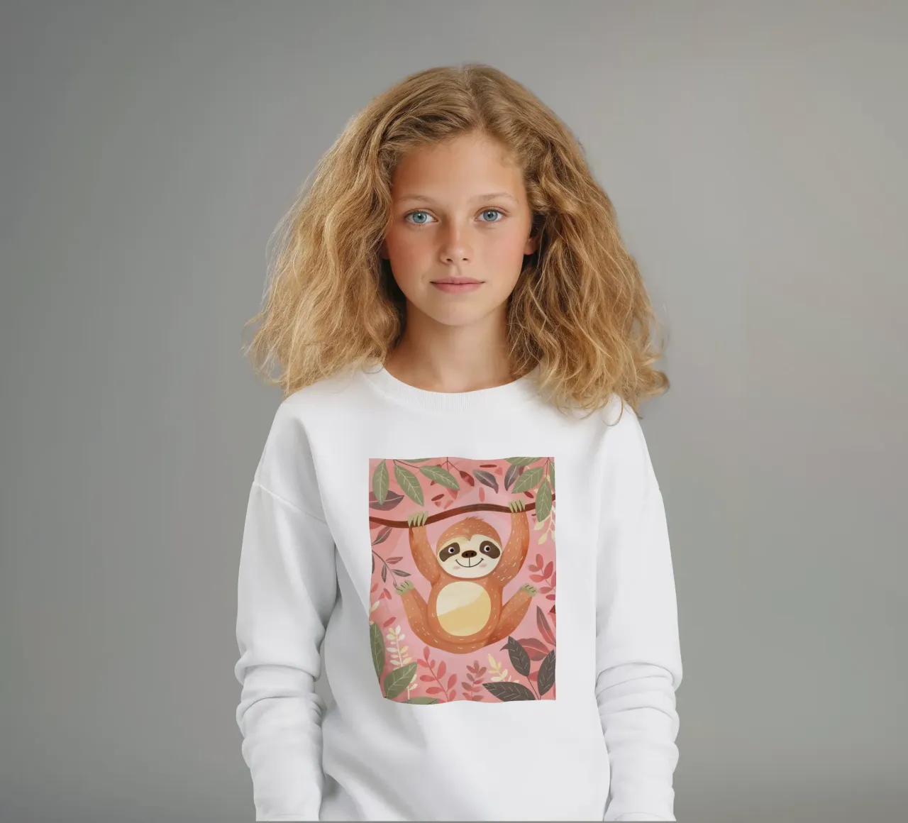 Bradipo appeso a un ramo in un ambiente tropicale con colore felpa bambino da DesignDoodle