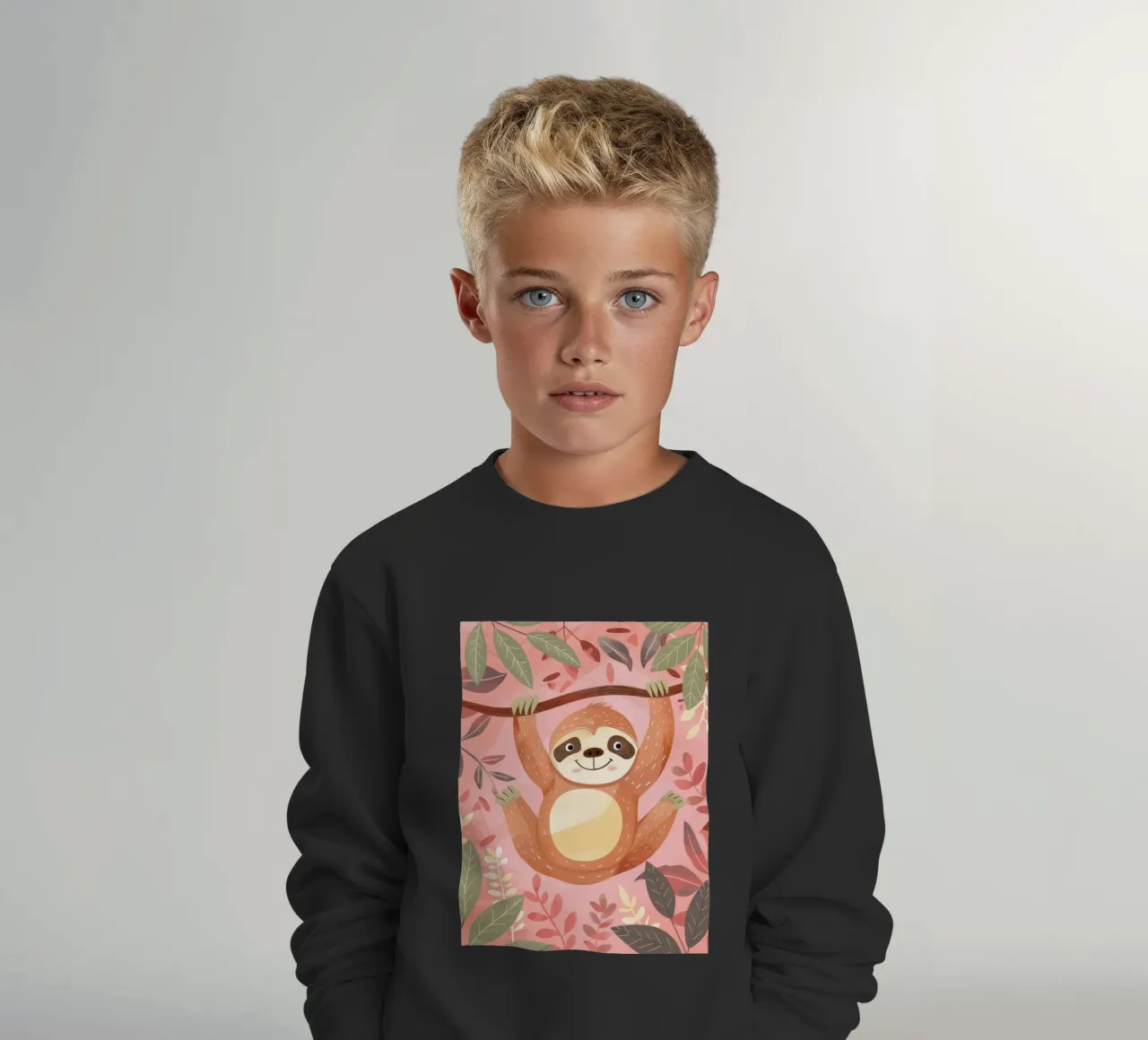 Bradipo appeso a un ramo in un ambiente tropicale con colore felpa bambino da DesignDoodle