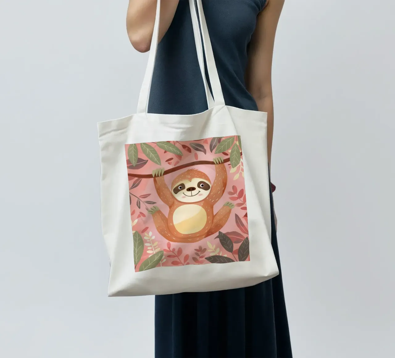 Bradipo appeso a un ramo in un ambiente tropicale con colore borsa in juta da DesignDoodle