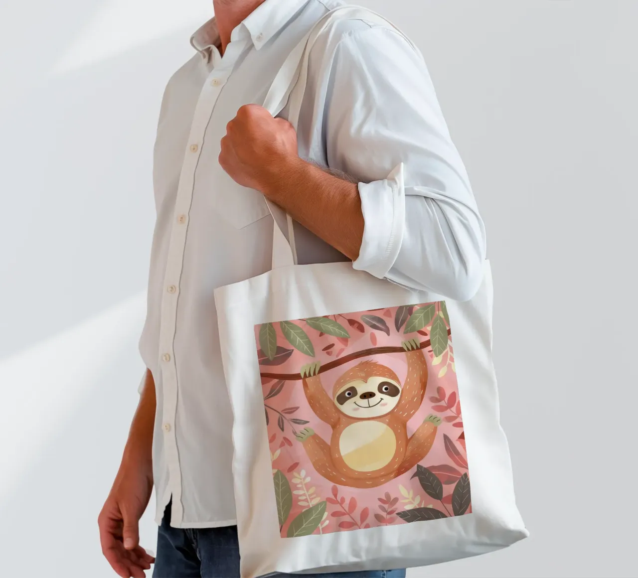Bradipo appeso a un ramo in un ambiente tropicale con colore borsa in juta da DesignDoodle