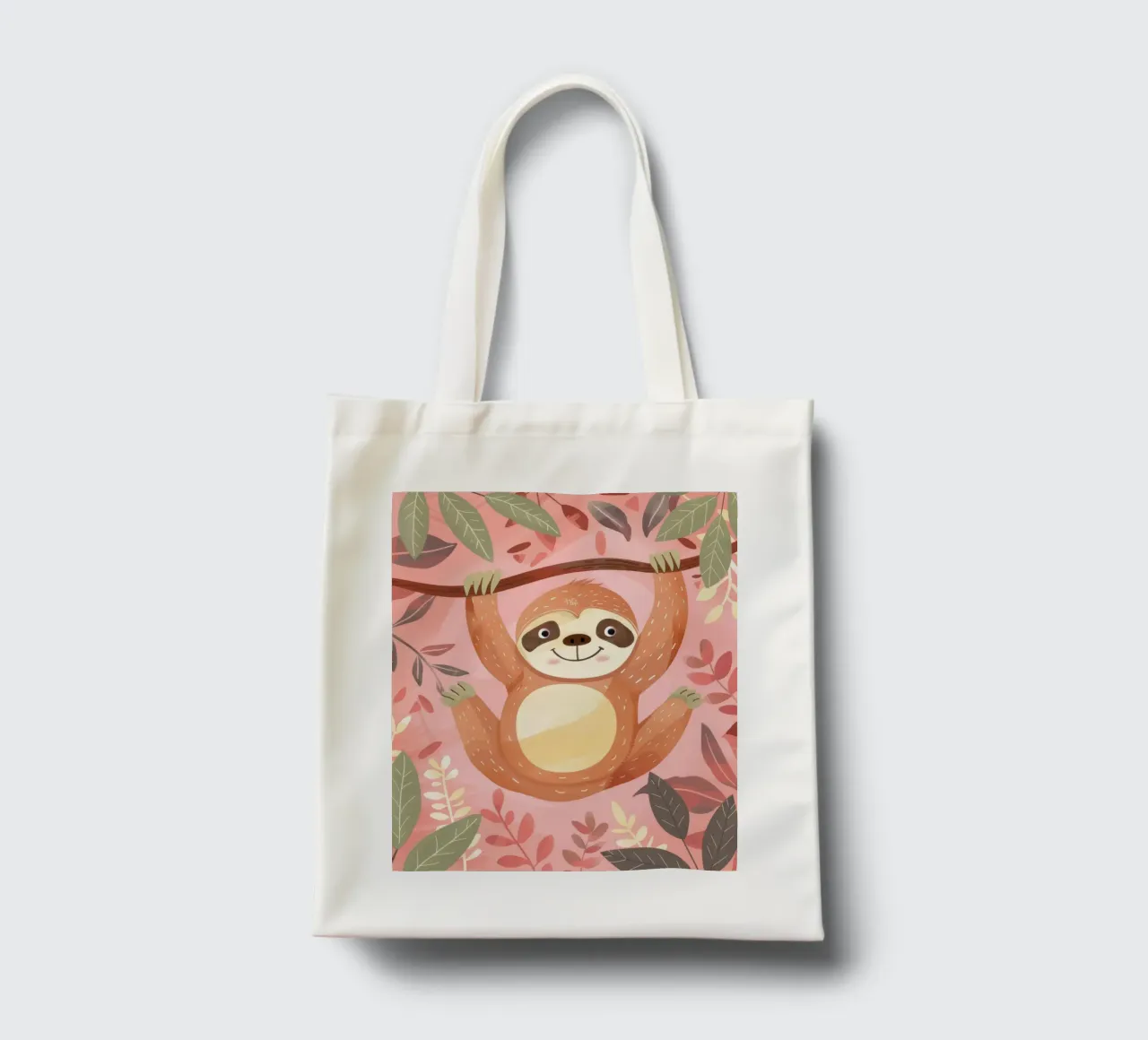 Bradipo appeso a un ramo in un ambiente tropicale con colore borsa in juta da DesignDoodle