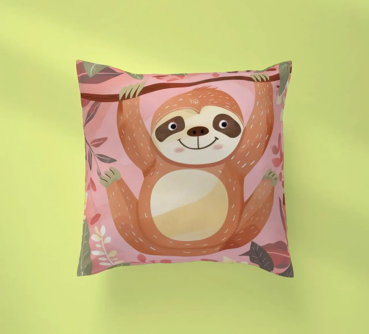 Bradipo appeso a un ramo in un ambiente tropicale con colore cuscino da DesignDoodle