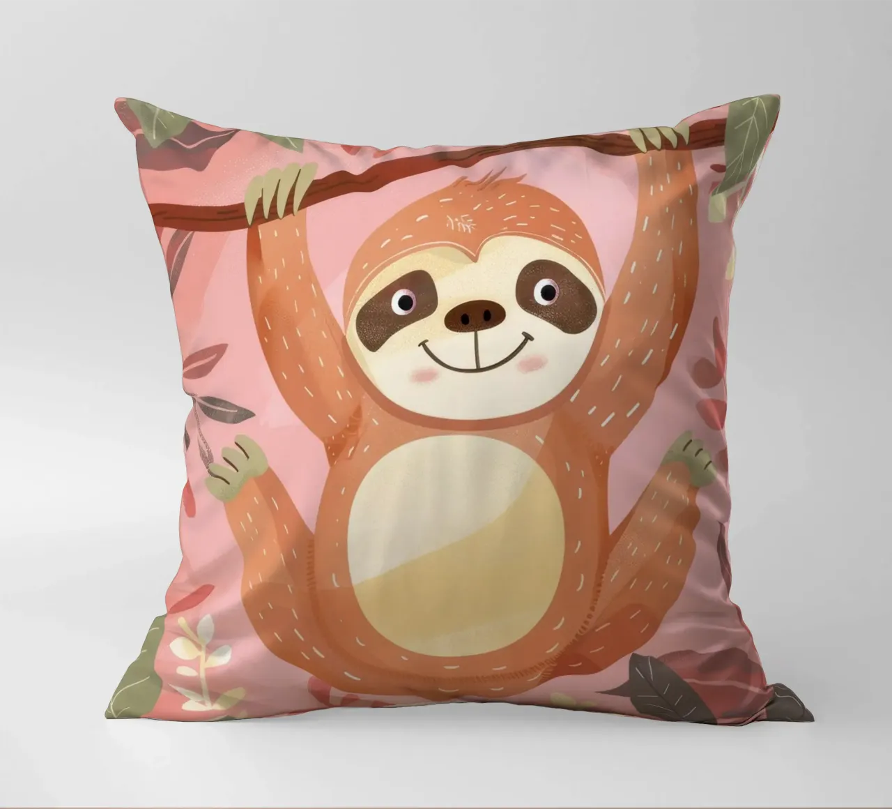 Bradipo appeso a un ramo in un ambiente tropicale con colore cuscino da DesignDoodle