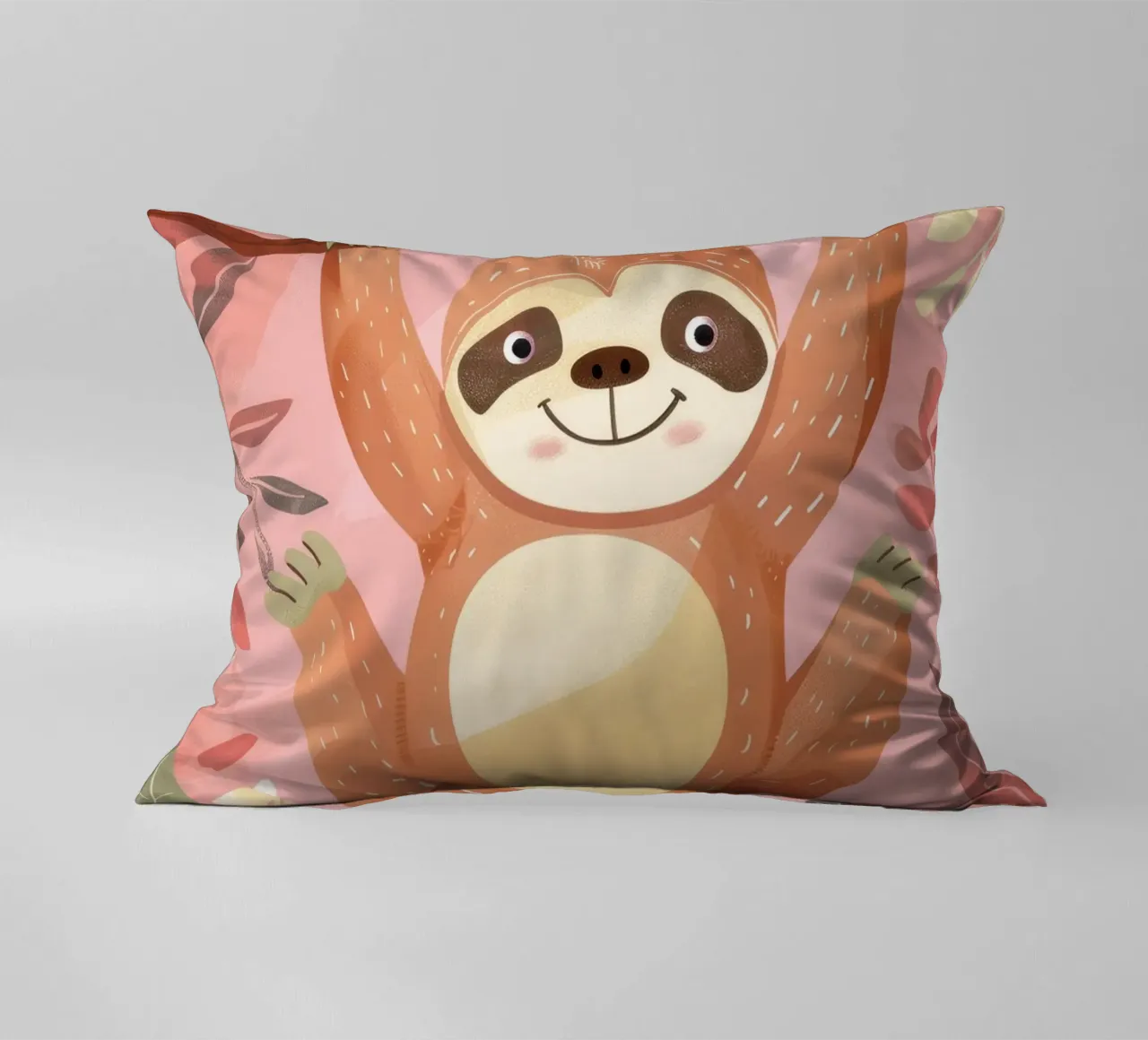 Bradipo appeso a un ramo in un ambiente tropicale con colore cuscino da DesignDoodle