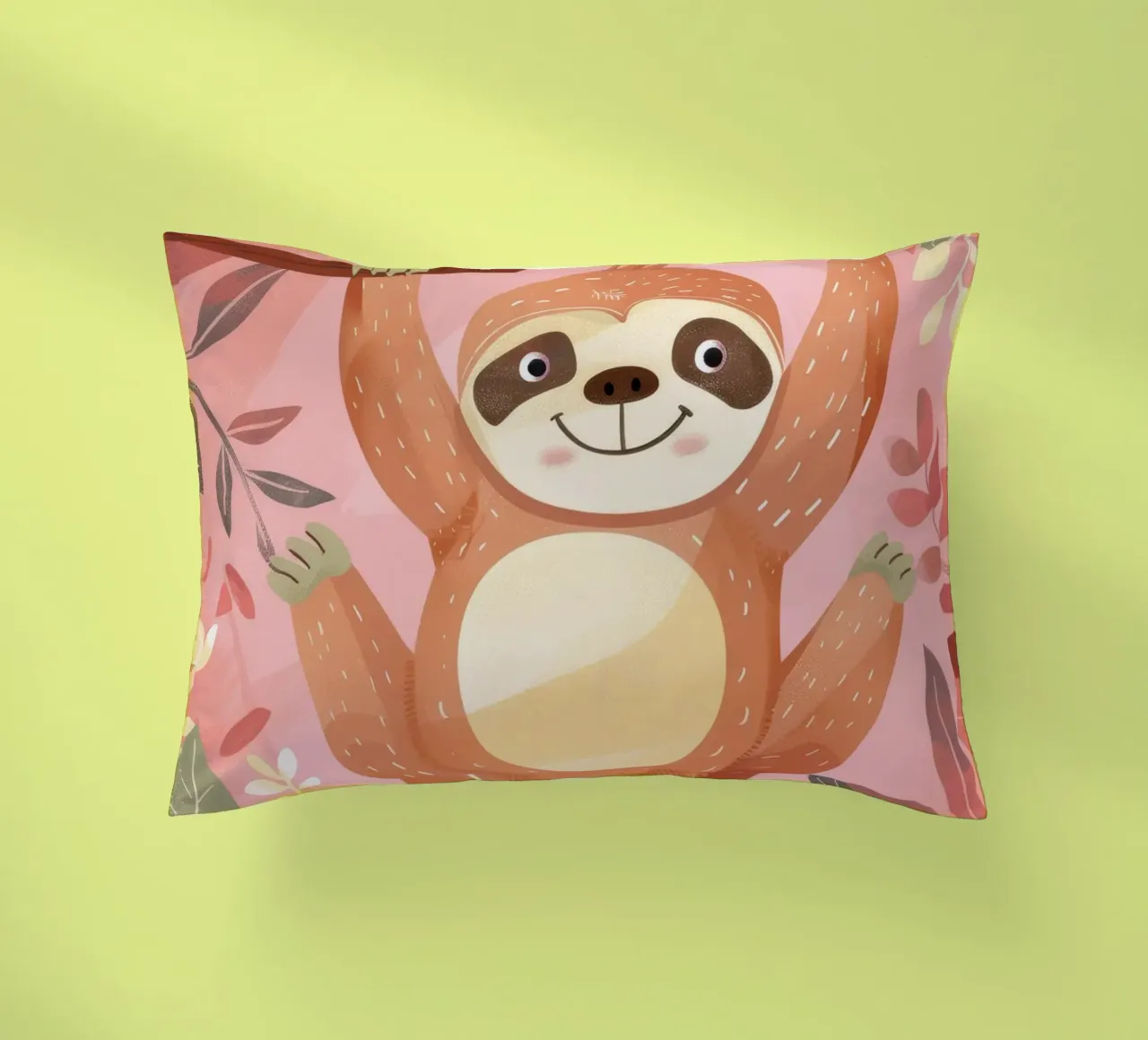 Bradipo appeso a un ramo in un ambiente tropicale con colore cuscino da DesignDoodle