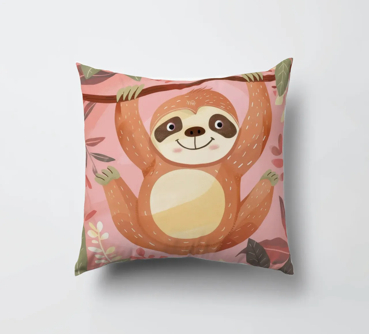 Bradipo appeso a un ramo in un ambiente tropicale con colore cuscino da DesignDoodle