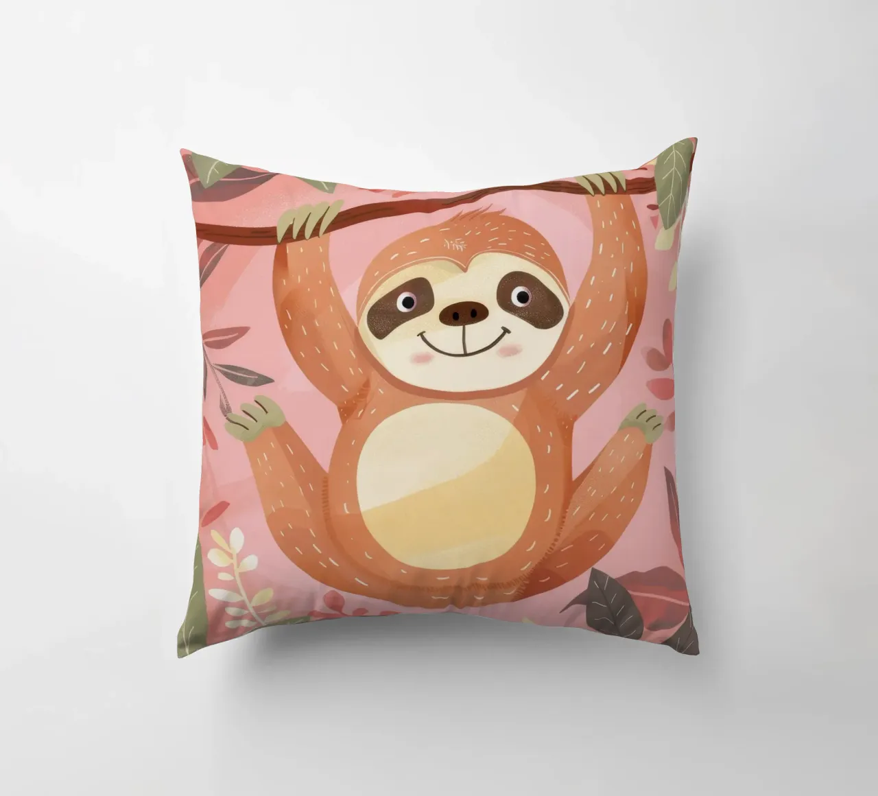 Bradipo appeso a un ramo in un ambiente tropicale con colore cuscino da DesignDoodle