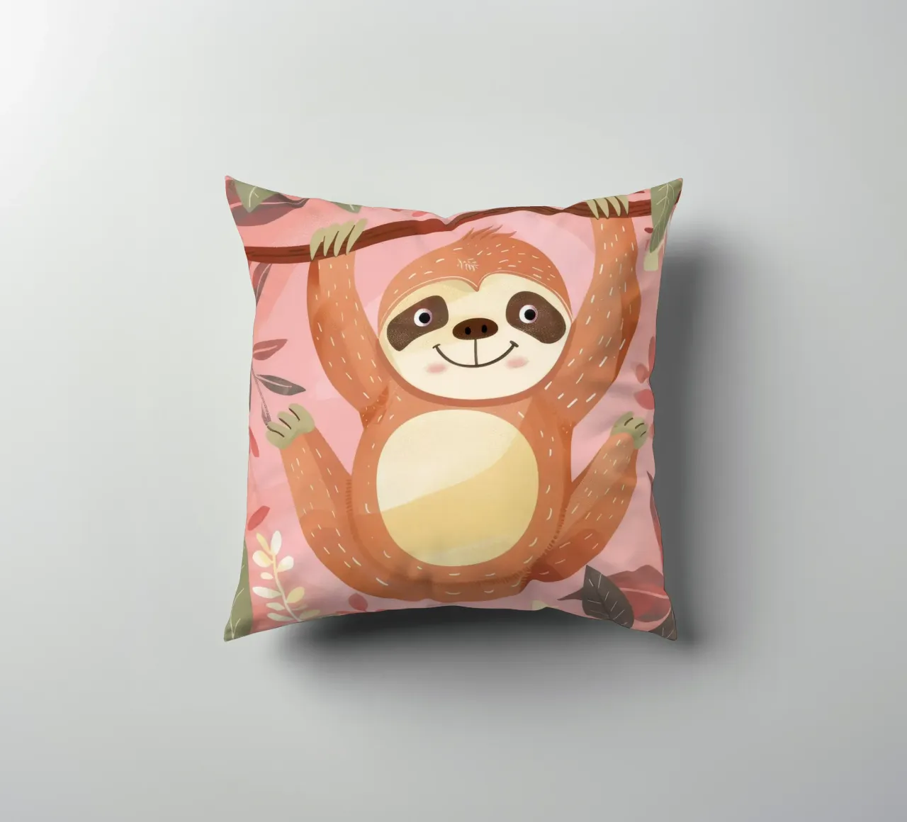 Bradipo appeso a un ramo in un ambiente tropicale con colore cuscino da DesignDoodle