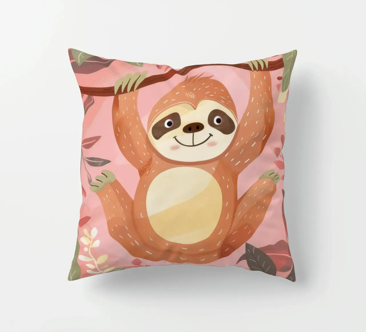 Bradipo appeso a un ramo in un ambiente tropicale con colore cuscino da DesignDoodle