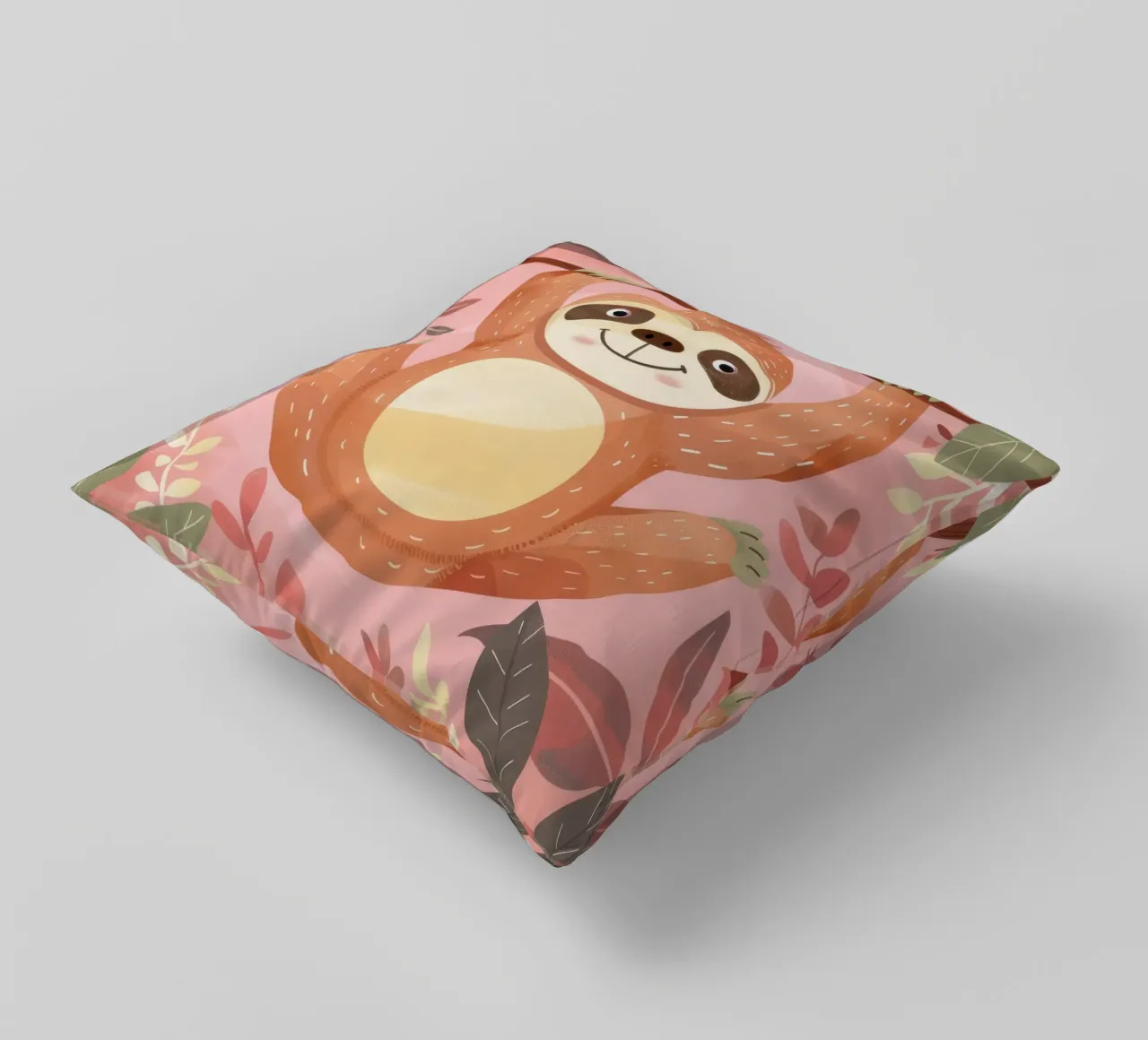 Bradipo appeso a un ramo in un ambiente tropicale con colore cuscino da DesignDoodle