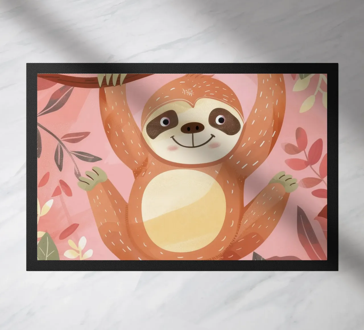 Sloth hanging from a branch in a tropical setting with color doormat by DesignDoodle