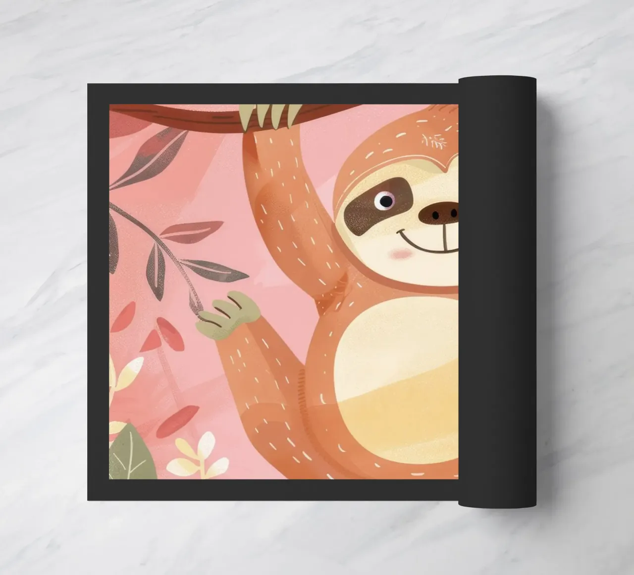 Sloth hanging from a branch in a tropical setting with color doormat by DesignDoodle