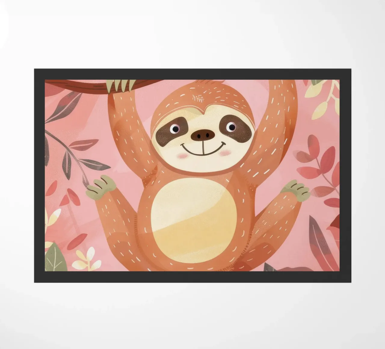 Sloth hanging from a branch in a tropical setting with color doormat by DesignDoodle
