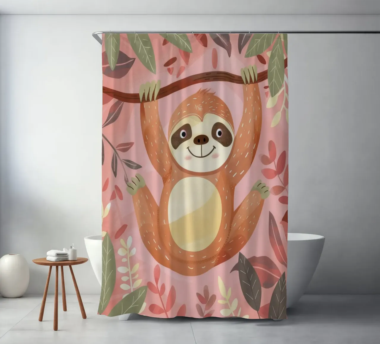 Sloth hanging from a branch in a tropical setting with color shower curtain by DesignDoodle