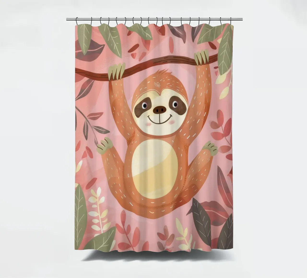 Sloth hanging from a branch in a tropical setting with color shower curtain by DesignDoodle