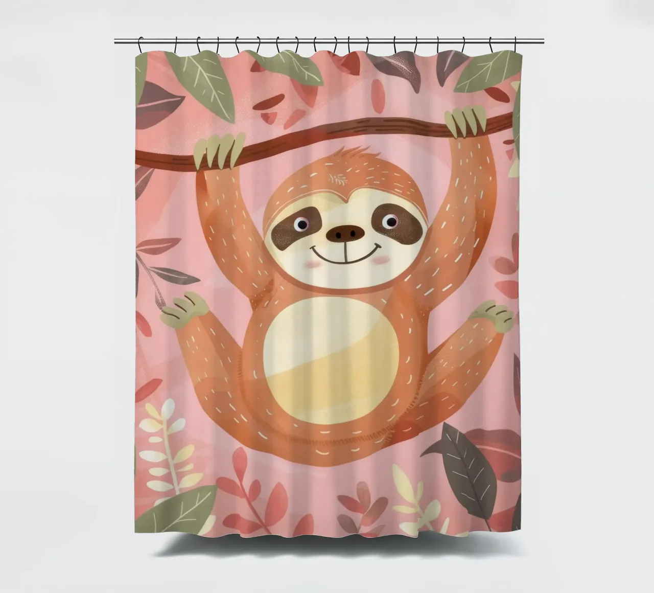 Sloth hanging from a branch in a tropical setting with color shower curtain by DesignDoodle