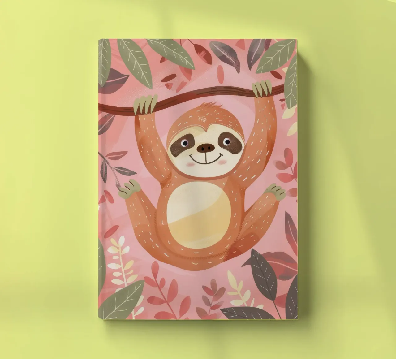 Sloth hanging from a branch in a tropical setting with color notebook by DesignDoodle