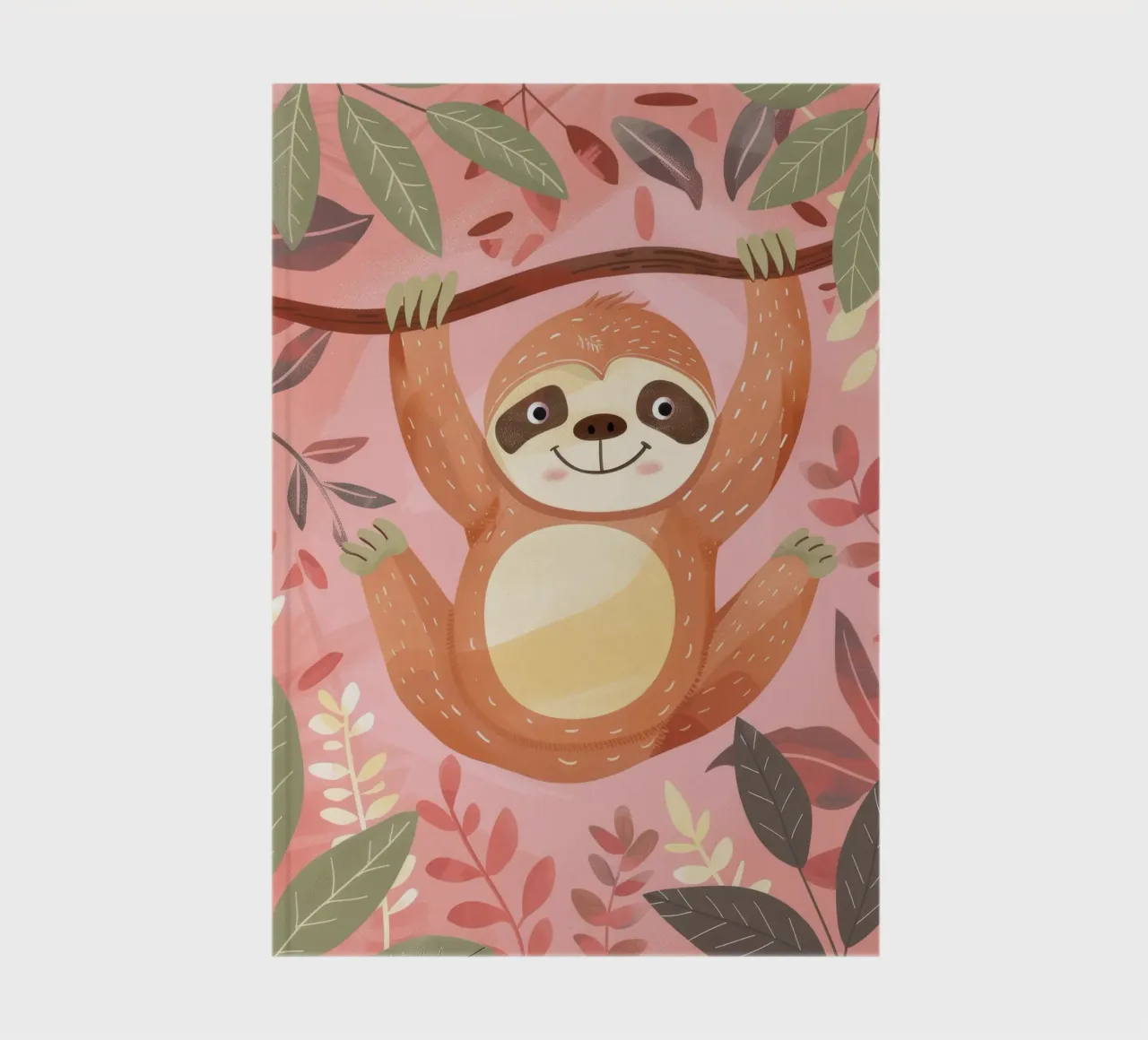 Sloth hanging from a branch in a tropical setting with color notebook by DesignDoodle