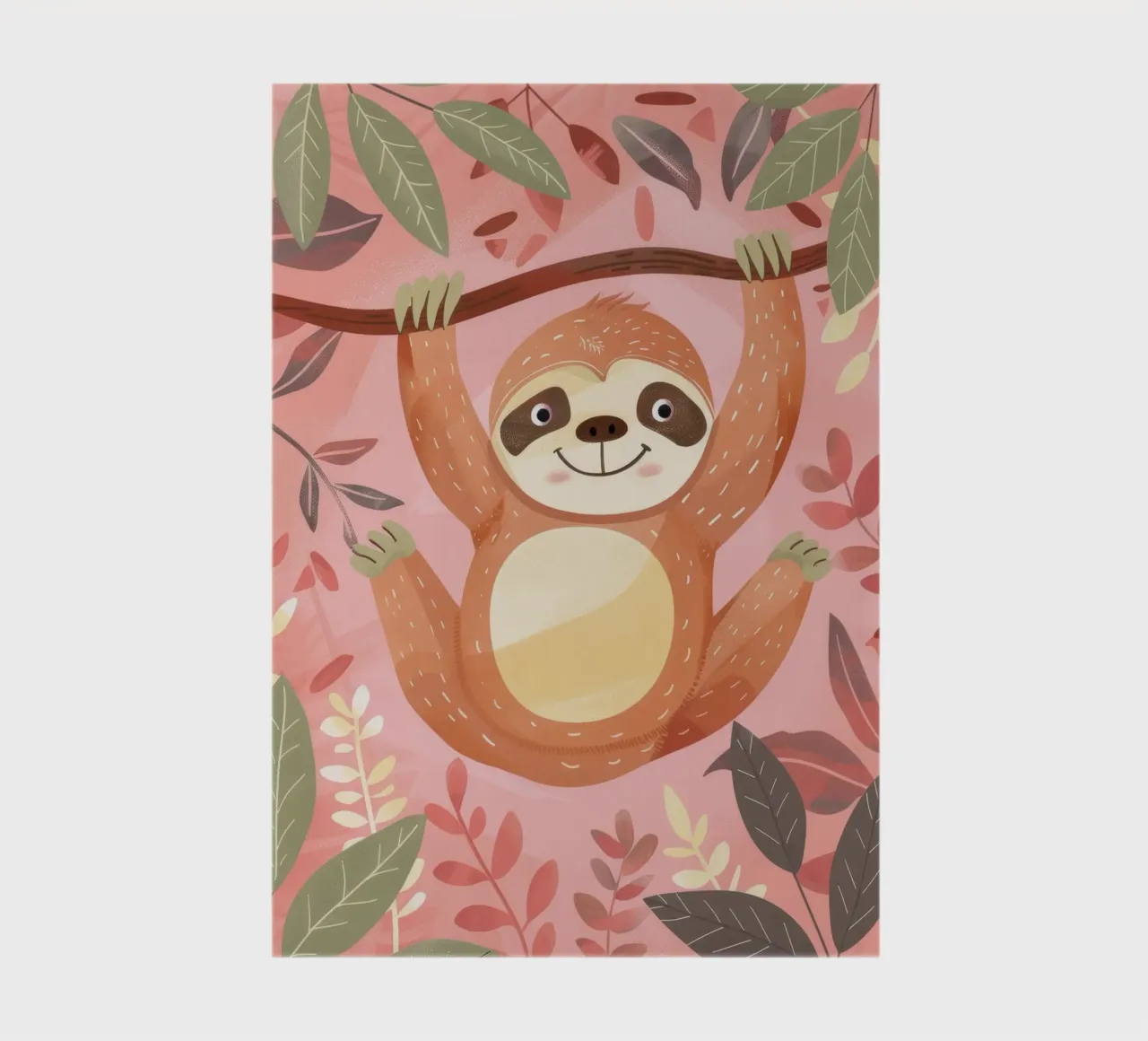 Sloth hanging from a branch in a tropical setting with color notebook by DesignDoodle