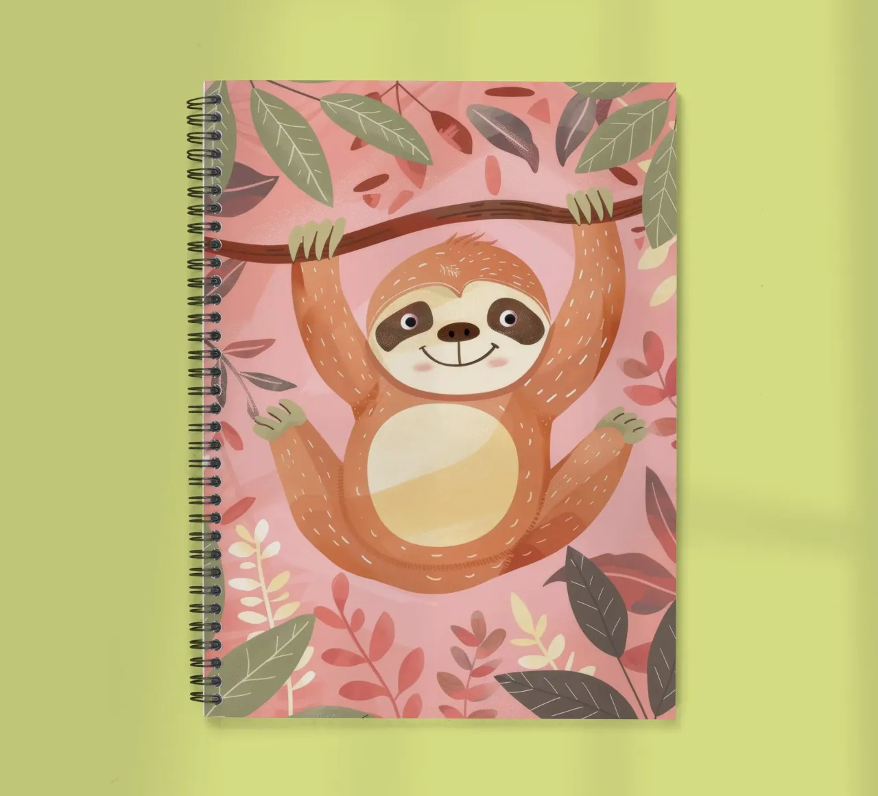 Sloth hanging from a branch in a tropical setting with color spiral notebook by DesignDoodle