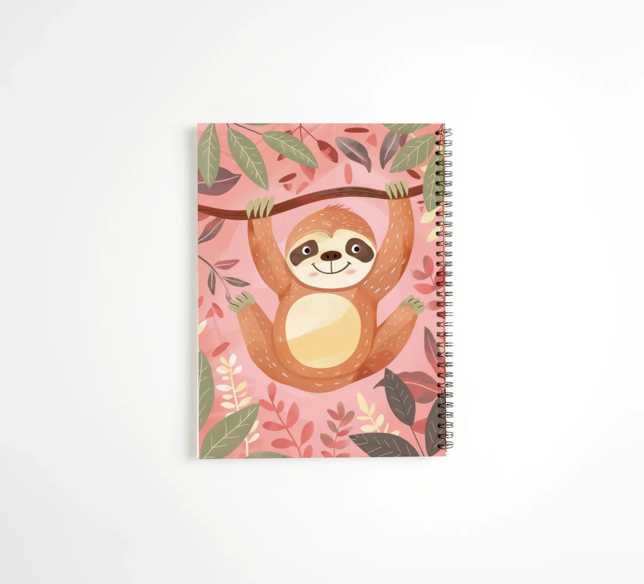 Sloth hanging from a branch in a tropical setting with color spiral notebook by DesignDoodle
