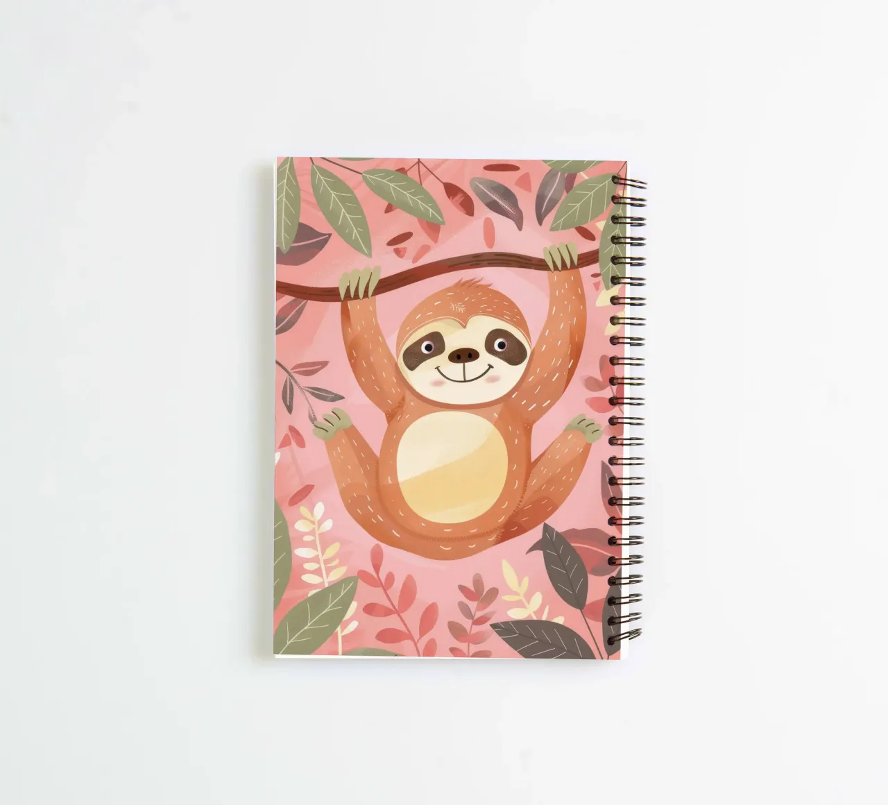 Sloth hanging from a branch in a tropical setting with color spiral notebook by DesignDoodle
