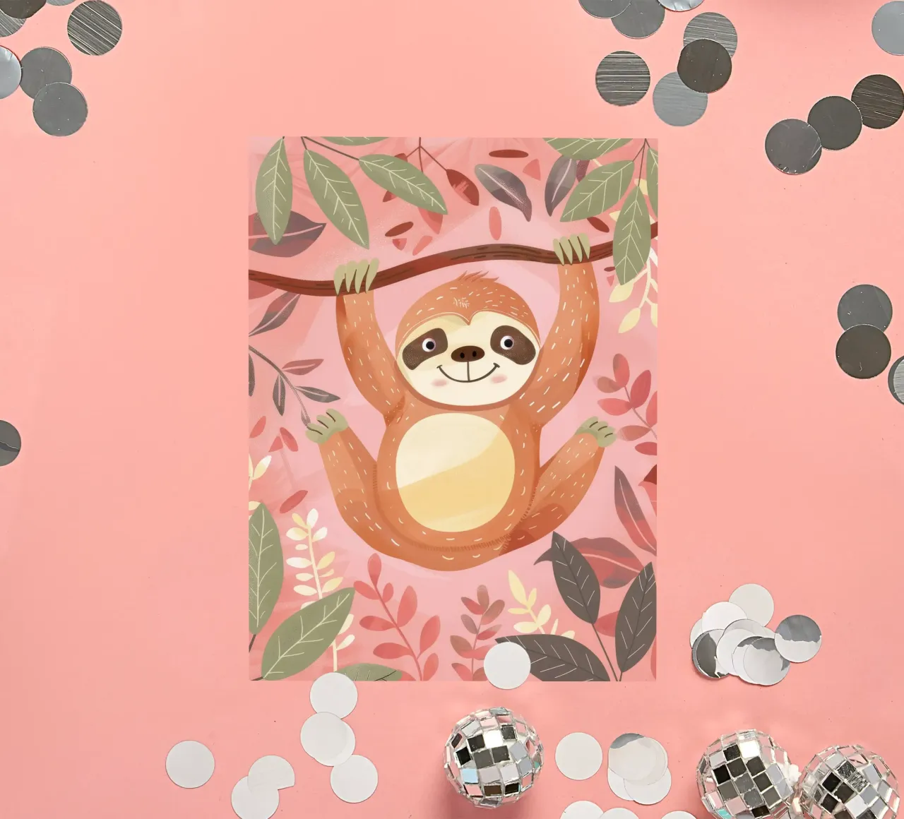 Sloth hanging from a branch in a tropical setting with color sticker by DesignDoodle