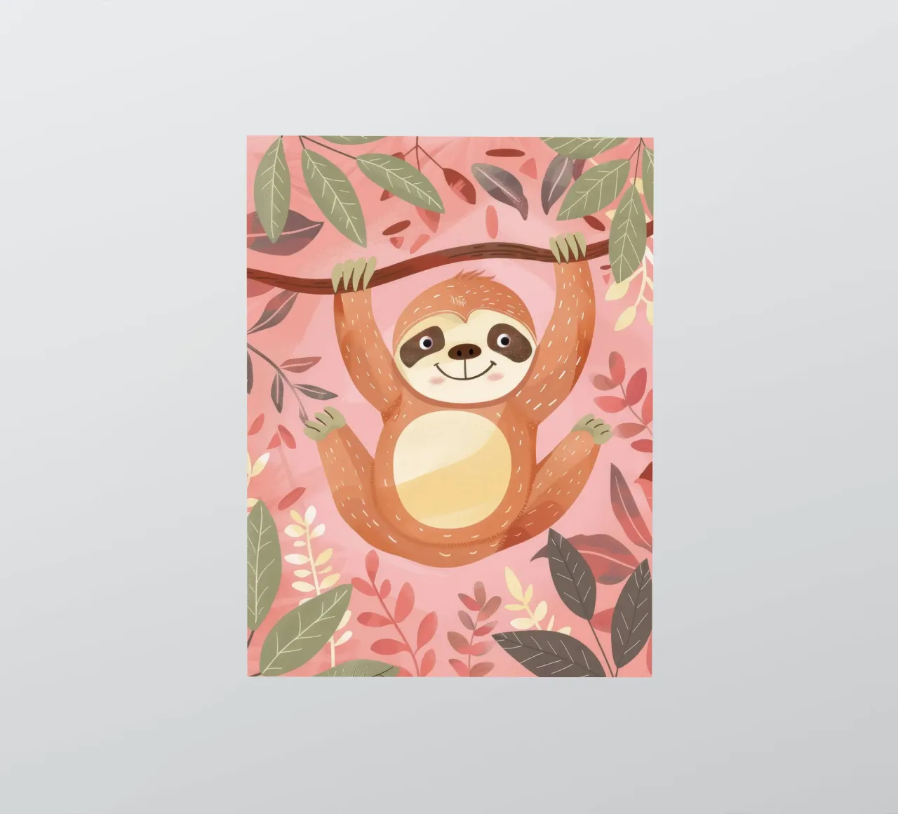 Sloth hanging from a branch in a tropical setting with color sticker by DesignDoodle