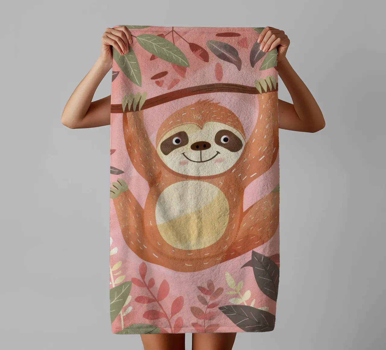 Bradipo appeso a un ramo in un ambiente tropicale con colore asciugamano da bagno da DesignDoodle