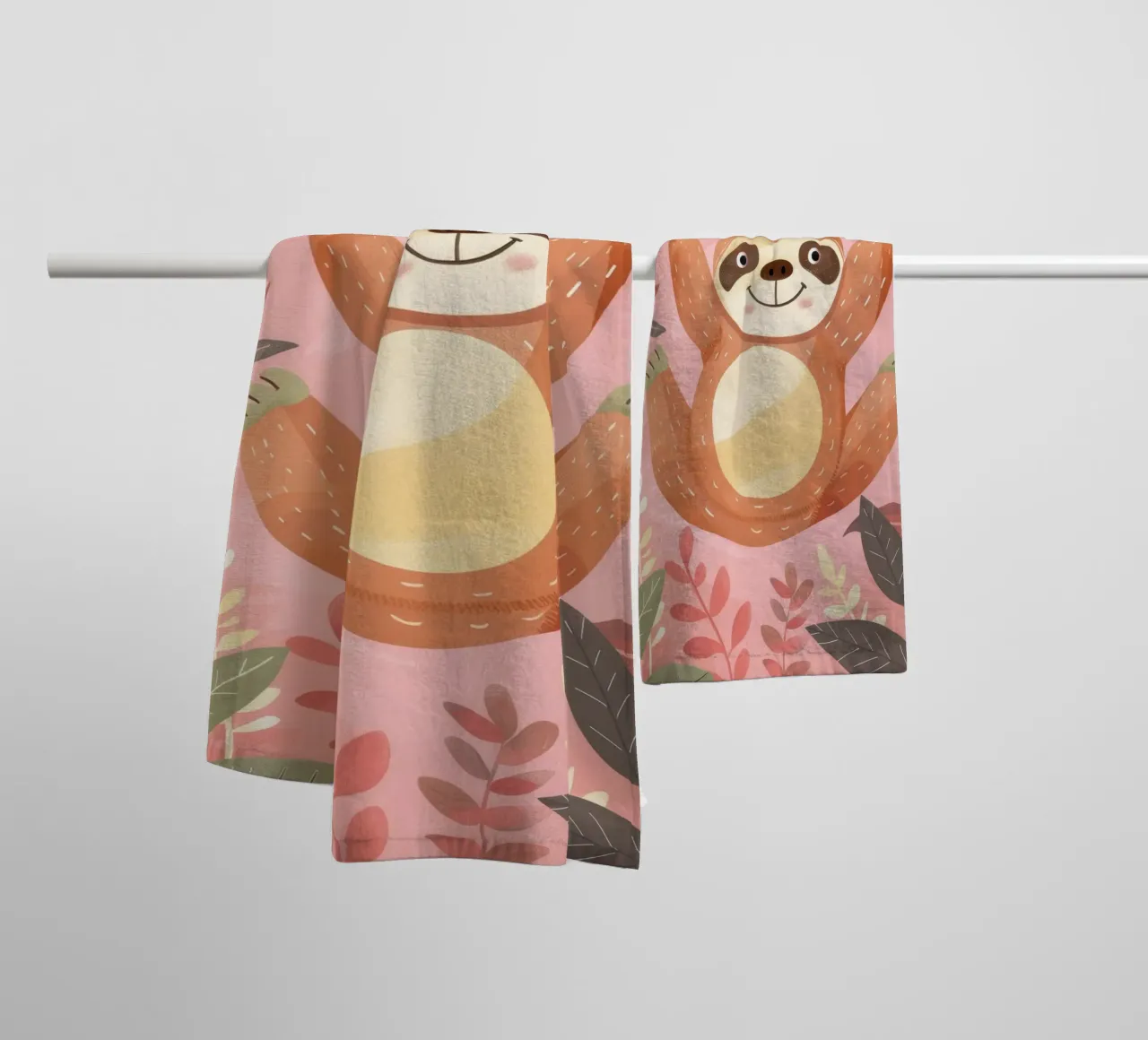 Bradipo appeso a un ramo in un ambiente tropicale con colore asciugamano da bagno da DesignDoodle