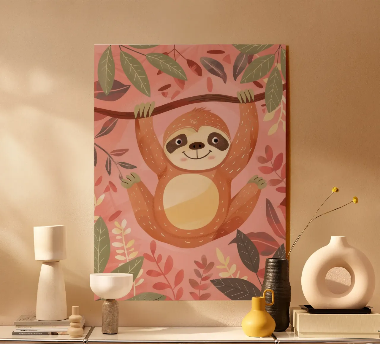 Bradipo appeso a un ramo in un ambiente tropicale con colore plexiglass da DesignDoodle