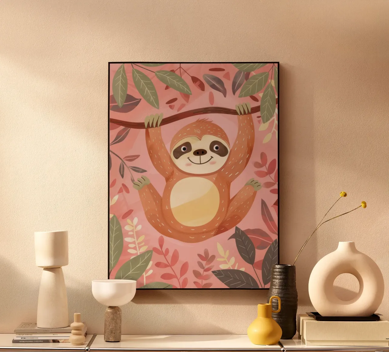 Bradipo appeso a un ramo in un ambiente tropicale con colore alluminio dibond da DesignDoodle